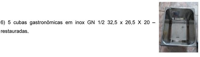 5 cubas gastronômicas em inox - leilão judicial - Não informado BR - lance mínimo R$ 125